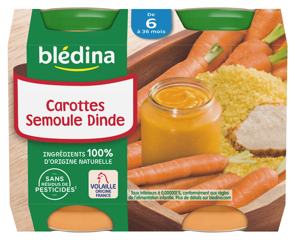 Pot salés carottes semoule dinde - dès 6 mois, Blédina (2 x 200 g)